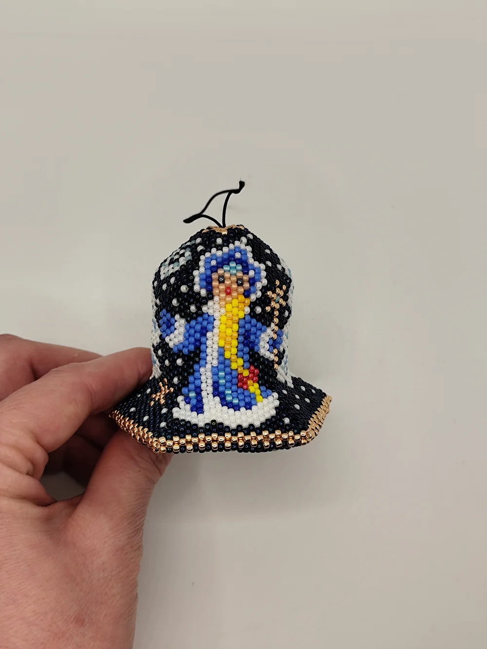 Handmade Blue Beaded Bell Ornament with Angel Design